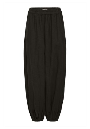 Mustad lahtised püksid elastse vöökohaga ja kätistele kogutud elastsete äärtega, sobivad igapäevaseks kandmiseks.