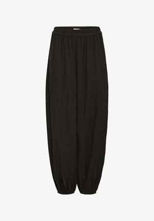 Black loose-fit pants with elastic waistband and gathered elastic cuffs at ankles, suitable for casual wear.