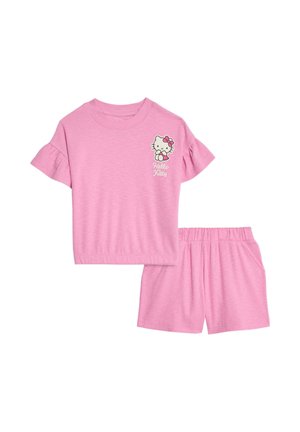 Pige pink kortærmet top med rynker og Hello Kitty grafik samt matchende shorts med elastisk talje.