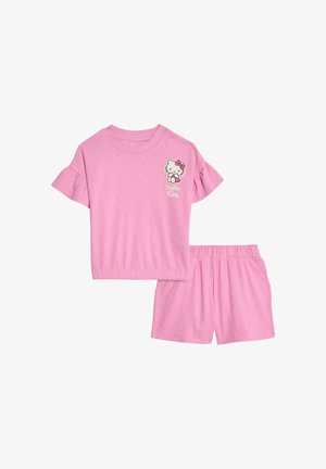 Conjunto de top de rizo de manga corta rosa para niñas con gráfico de Hello Kitty y pantalones cortos de cintura elástica a juego.