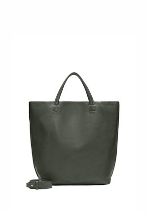 Grüne Leder-Tote-Tasche mit doppelten Obergriffen und abnehmbarem Schultergurt. Glatte Textur mit minimalistischem Design und ohne sichtbare Hardware.