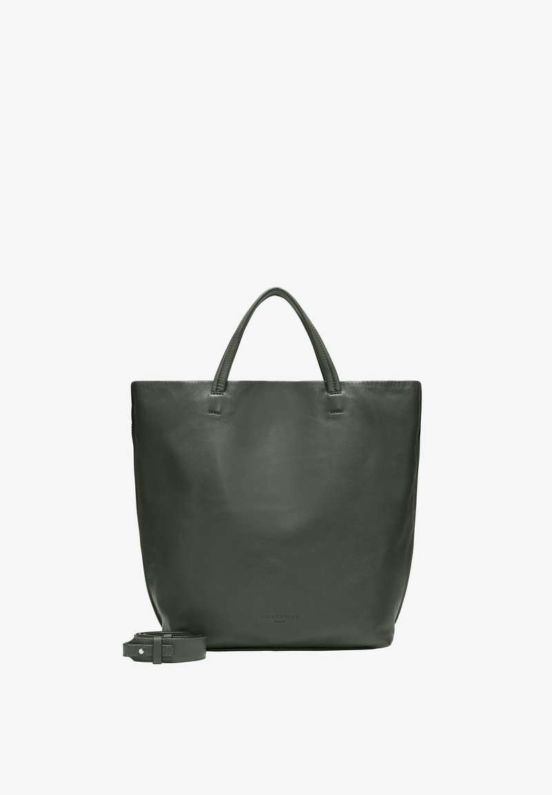 Sac en cuir vert avec double poignée supérieure et courroie d'épaule amovible. Texture lisse avec un design minimaliste et sans matériel visible.