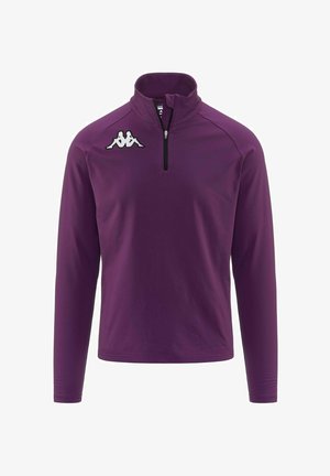 Pullover viola con zip a quarto, maniche lunghe, realizzato in tessuto morbido. Presenta il logo Kappa bianco sulla parte sinistra del petto, con una zip nera.