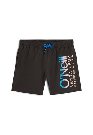 Czarne kąpielówki z niebieskim sznurkiem i pionowym logo O'Neill w kolorze niebieskim i beżowym na prawej nogawce.