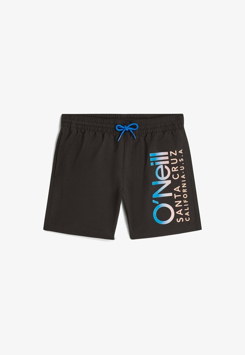 Schwarze Badeshorts mit blauem Kordelzug und senkrechtem O'Neill-Logo in Blau und Beige am rechten Bein.