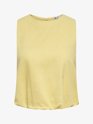 Brezrokavnik svetlo rumene barve z okroglim izrezom in skritim zadnjim zadrgo, izdelan iz gladkega blaga z rahlim nabiranjem na robu.