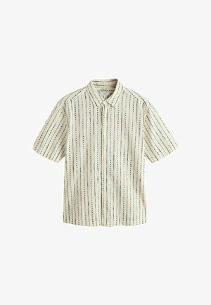 Kreemikas lühikeste varrukatega nööpidega särk, millel on vertikaalsed täpilised tumesinised triibud ja klassikaline krae, suurus keskmine.