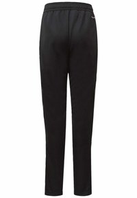 Pantalones deportivos negros con cintura elástica, textura suave, piernas ajustadas y franjas laterales para un aspecto deportivo. Sin logotipos ni patrones visibles.