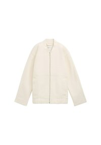 Helle beige, übergroße Jacke mit einem Reißverschluss vorne, zwei Fronttaschen und einem strukturierten Stoff. Sie hat einen runden Halsausschnitt und lange Ärmel.