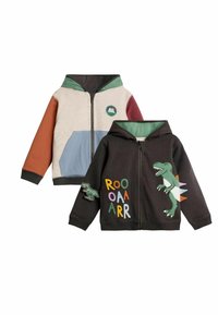 Due felpe con cappuccio per bambini: una beige con maniche multicolori e toppe a forma di montagna, l'altra nera con una grafica di dinosauro e lettere colorate.