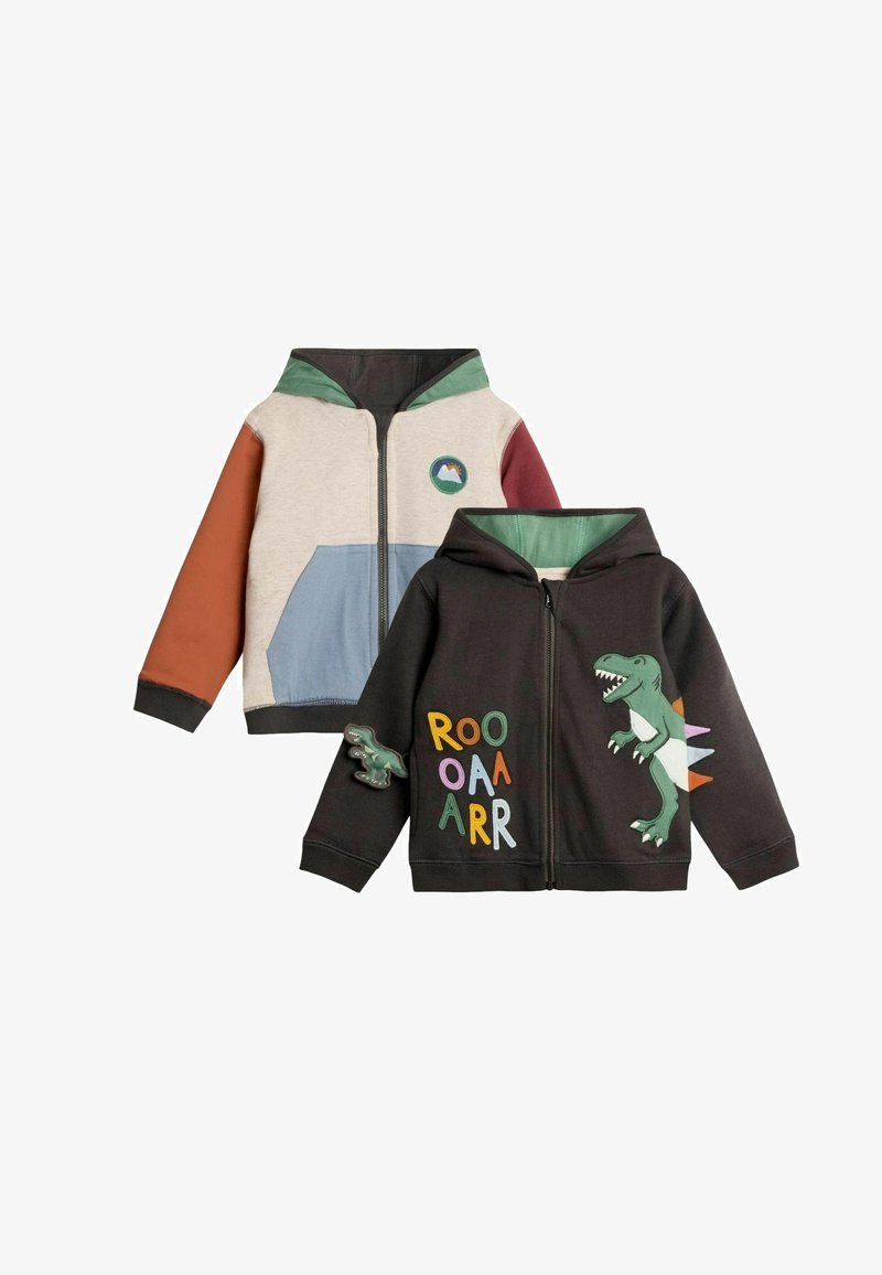 Due felpe con cappuccio per bambini: una beige con maniche multicolori e toppe a forma di montagna, l'altra nera con una grafica di dinosauro e lettere colorate.