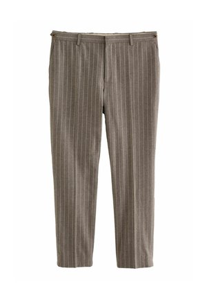 Grau gestreifte Hose aus einem weichen Stoff mit taillierter Passform. Verfügt über einen Knopfverschluss an der Taille und ein flaches Vorderdesign.