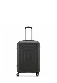 Hard-shell suitcase in black with a geometric pattern, silver retractable handle, and four wheels for mobility. Compact design with smooth texture.