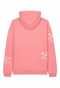 Felpa con cappuccio rosa con polsini e fondo a coste. Presenta testo grafico bianco sulle maniche e un cappuccio a doppio strato. Tessuto morbido.