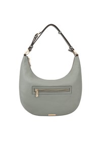 Sac hobo en cuir de couleur vert doux avec une texture lisse. Il comporte une poche avant zippée et une bandoulière contrastante en marron. Accents en matériel doré.