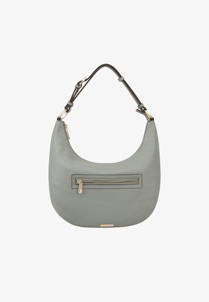 Leather hobo bag in muted green with a smooth texture. Features a zippered front pocket and a contrasting brown shoulder strap. Gold hardware accents.