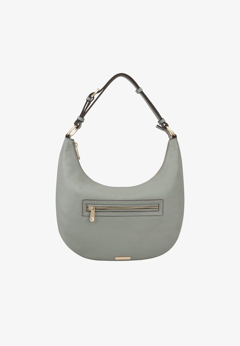 Leren hobo-tas in gedempt groen met een soepele textuur. Beschikt over een ritssluiting aan de voorkant en een contrasterende bruine schouderband. Vergulde accenten.