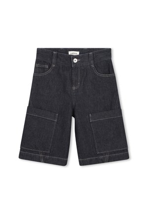 Donkere denim cargoshorts met twee zijzakken, contrasterende gele stiksels en een ritssluiting. Voorzien van een label op de tailleband.