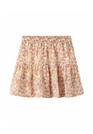 Kukkakuvioinen minihame joustavalla vyötäröllä, jossa vaaleanbeigellä pohjalla vaaleanpunaisia ja oransseja pieniä kukkia.