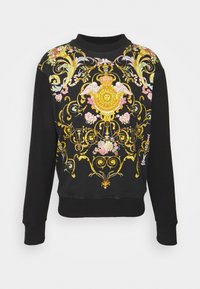 Black sweatshirt featuring elaborate multicolored floral and baroque-style embroidery, with gold accents and a ribbed neckline.