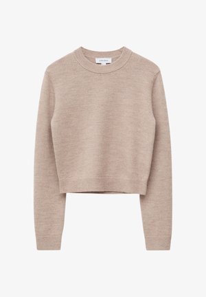 Beige cropped sweater made of soft knit material. Features a round ribbed neckline and ribbed cuffs, with a subtle texture.