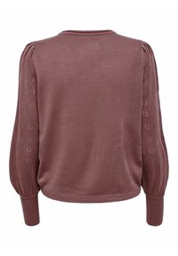 Maglione lavorato a maglia color mauve con maniche a sbuffo, caratterizzato da un corpo liscio e dettagli in pizzo sulle maniche. Collo rotondo e polsini a costine.