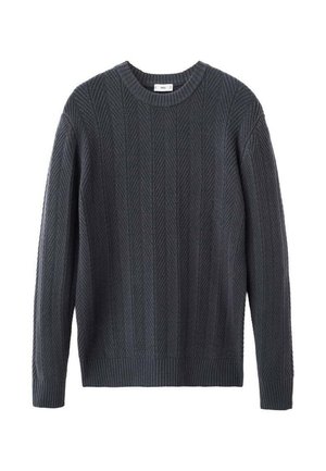 Maglione grigio scuro lavorato a maglia con collo rotondo a costine e motivo a rombi testurizzato su tutta la superficie. Maniche lunghe con polsini e orlo a costine.