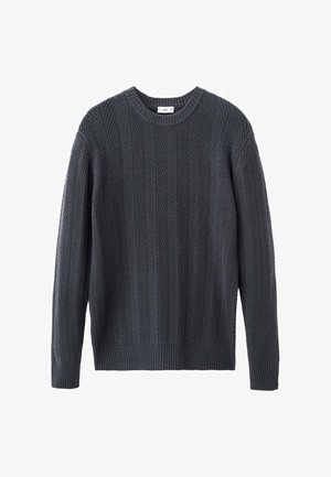 Maglione grigio scuro lavorato a maglia con collo rotondo a costine e motivo a rombi testurizzato su tutta la superficie. Maniche lunghe con polsini e orlo a costine.