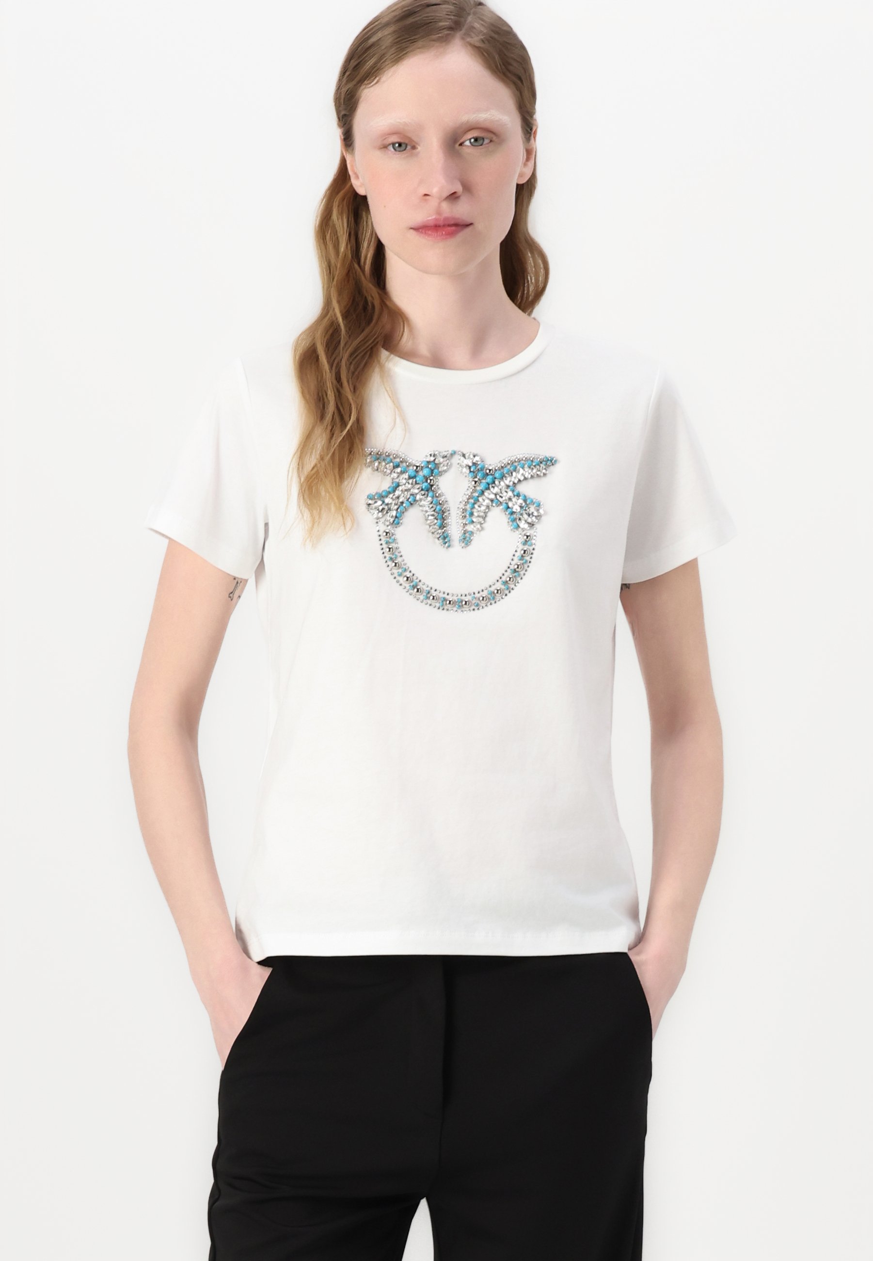 売れ筋商品|||ピンコ Tシャツ レディース トップス QUENTIN LOGO BIRDS RICAMATO - Print T-shirt - white Pinko QUENTIN LOGO BIRDS RICAMATO - Print T-shirt - white