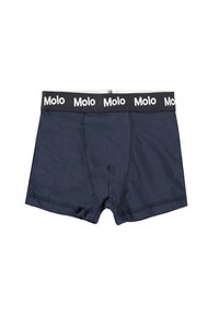 Marinblå bomullsboxere med svart elastisk midjebånd som har merkevarenavnet "Molo" gjentatt i hvitt. Glatt tekstur og standard passform.