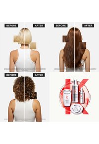 Produkt: Hårvårdsreklam som visar resultat före och efter. Visar tre hårtyper: blont bobbhår, brunt långt hår och lockigt mörkt hår. Innehåller produktflaskor i silverförpackning.