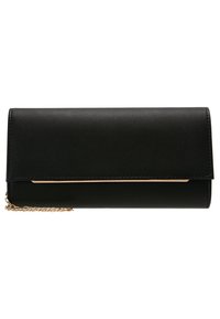 Clutch de cuero sintético negro con cierre de solapa y detalle metálico en tono dorado. Cuenta con una correa de cadena desmontable para un transporte versátil.