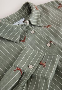 Green striped shirt with white lines, embroidered animals, and buttons. Features a collar and a pocket on the left arm.