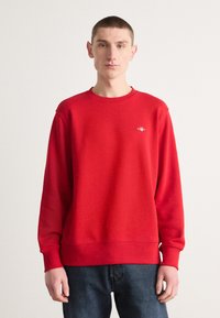 Rød sweatshirt med rund hals, lange ærmer og ribbede manchetter. Har et lille logo på brystet og en blød, tekstureret stoffinish.