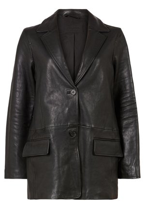 Blazer en cuir noir avec revers crantés, deux poches à rabat à l'avant et deux boutons noirs pour la fermeture, présenté sur un fond blanc.