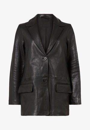 Blazer en cuir noir avec revers crantés, deux poches à rabat à l'avant et deux boutons noirs pour la fermeture, présenté sur un fond blanc.