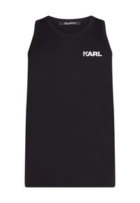 Čierny bezrukávový top vyrobený z hladkej bavlny, s bielym logom "KARL" na ľavej strane hrude. Jednoduchý, rovný strih.