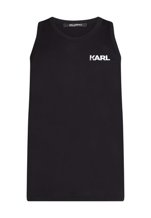 Mustat hihattomat tanktopit, jotka on valmistettu sileästä puuvillakankaasta, jossa on valkoinen "KARL" -logo vasemmassa rinnassa. Yksinkertainen, suora muotoilu.