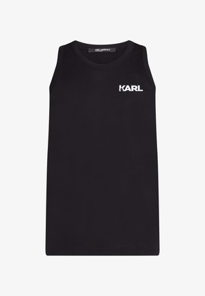 Mustat hihattomat tanktopit, jotka on valmistettu sileästä puuvillakankaasta, jossa on valkoinen "KARL" -logo vasemmassa rinnassa. Yksinkertainen, suora muotoilu.