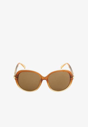 Ochelari de soare ovala cu tentă maro, cu ramă din plastic ambră translucidă și tije ușor curbate, prezentați frontal pe un fundal alb.