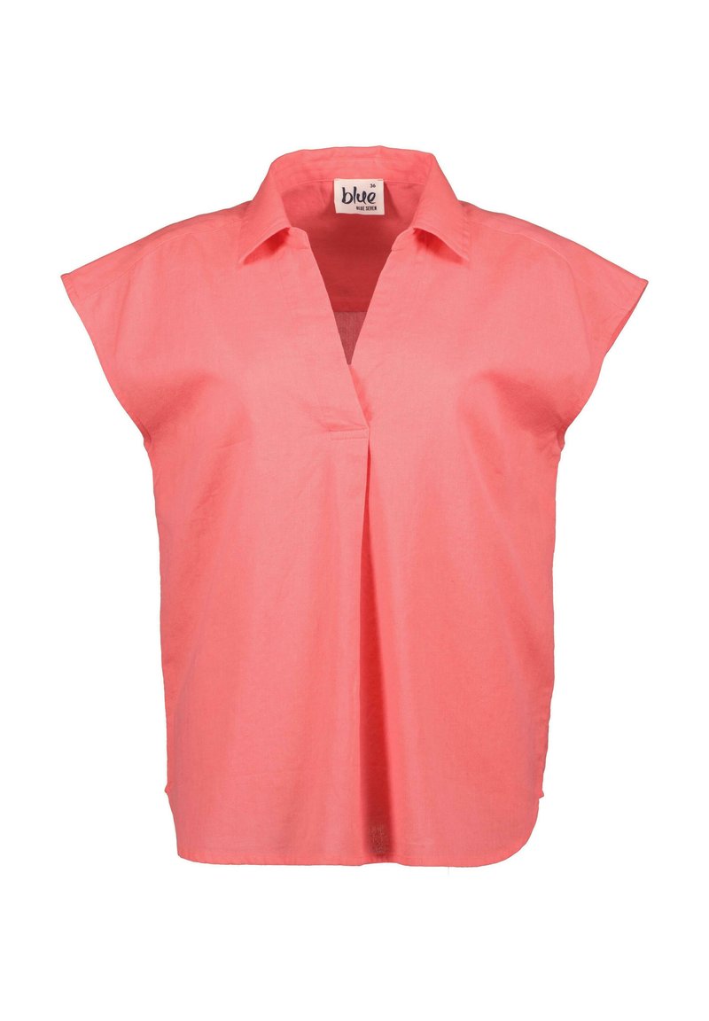Blusa corta a maniche corte di colore corallo, con colletto, scollo a V e pieghe laterali. Realizzata in tessuto leggero, presenta una vestibilità comoda e un orlo arrotondato.