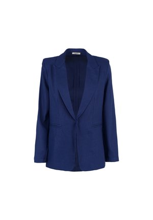 Blazer da donna blu navy monopetto con rever a lancia e due tasche frontali a fessura, mostrato su sfondo bianco.