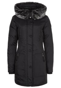 Svart vadderad jacka med huva i konstpäls, försedd med dragkedja och knappstängning, två fickor med dragkedja och ribbstickade muddar.