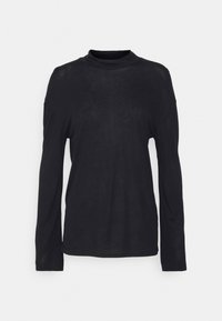 Maglione nero a maniche lunghe con collo alto, dal tessuto liscio e dalla vestibilità comoda. Presenta un collo alto e senza cuciture o motivi visibili.