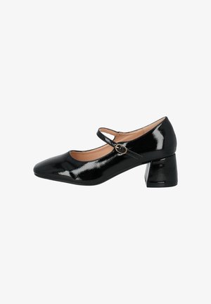 Chaussures Mary Jane en cuir verni noir avec un bout arrondi, une sangle unique avec une boucle circulaire et un talon moyen bloc.
