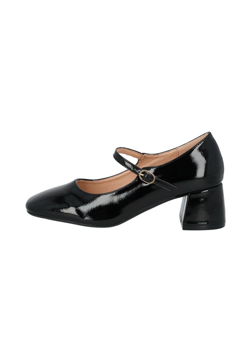 Scarpe Mary Jane in vernice nera con punta arrotondata, una sola cinghia con fibbia circolare e tacco a blocco medio.