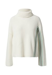 Weißer, gestrickter Pullover mit hohem Stehkragen, der grüne und schwarze Streifenakzente an den Ärmeln sowie eine lockere Passform aufweist.