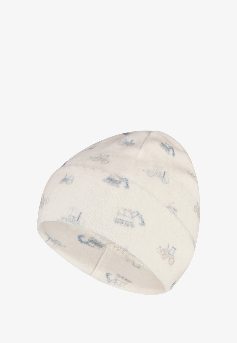 White cotton beanie with a soft texture, featuring light blue illustrations of construction vehicles. The design includes tractors and excavators.