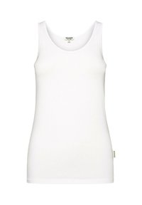 White tank top made of ribbed fabric. Features a scoop neckline and thin straps. Includes a small tag with the brand name on the side.