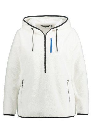Bílý fleecový pulover s kapucí, poloviční zip na přední části, černý zip, modrá kapsa na zip na hrudi a kontrastní černé lemování na cuffech a spodním lemu.